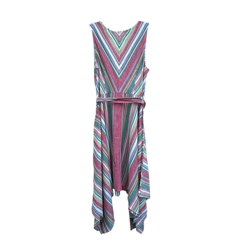 Linen Blend Sundress 1X Asymmetric Picnic Stripe Flowy Cottage